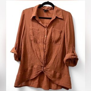 Brown crepe/linen type shirt with faux tie front and button detail, size L